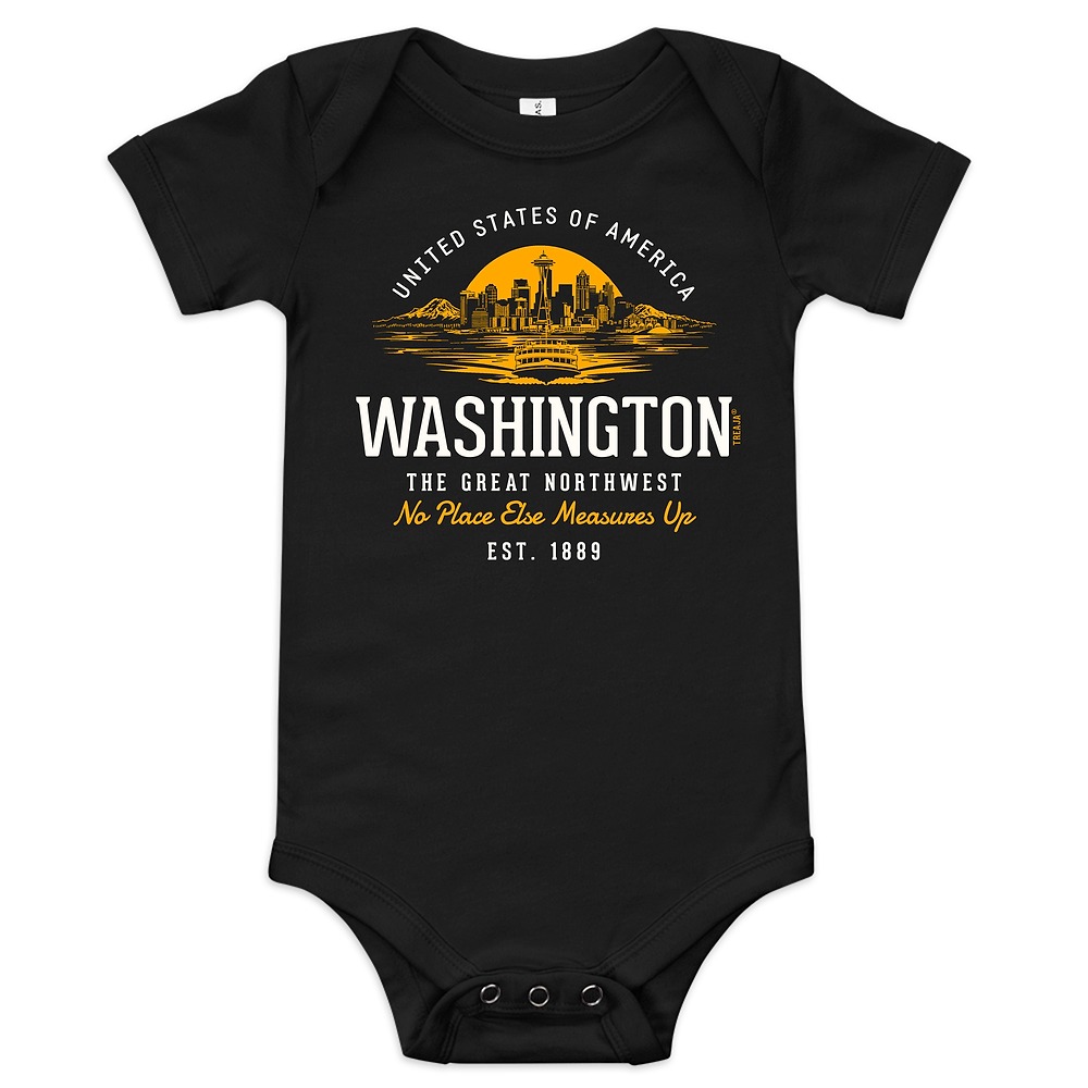 Soft cotton baby bodysuit displaying vintage-style Washington State retro artwork in vibrant colors