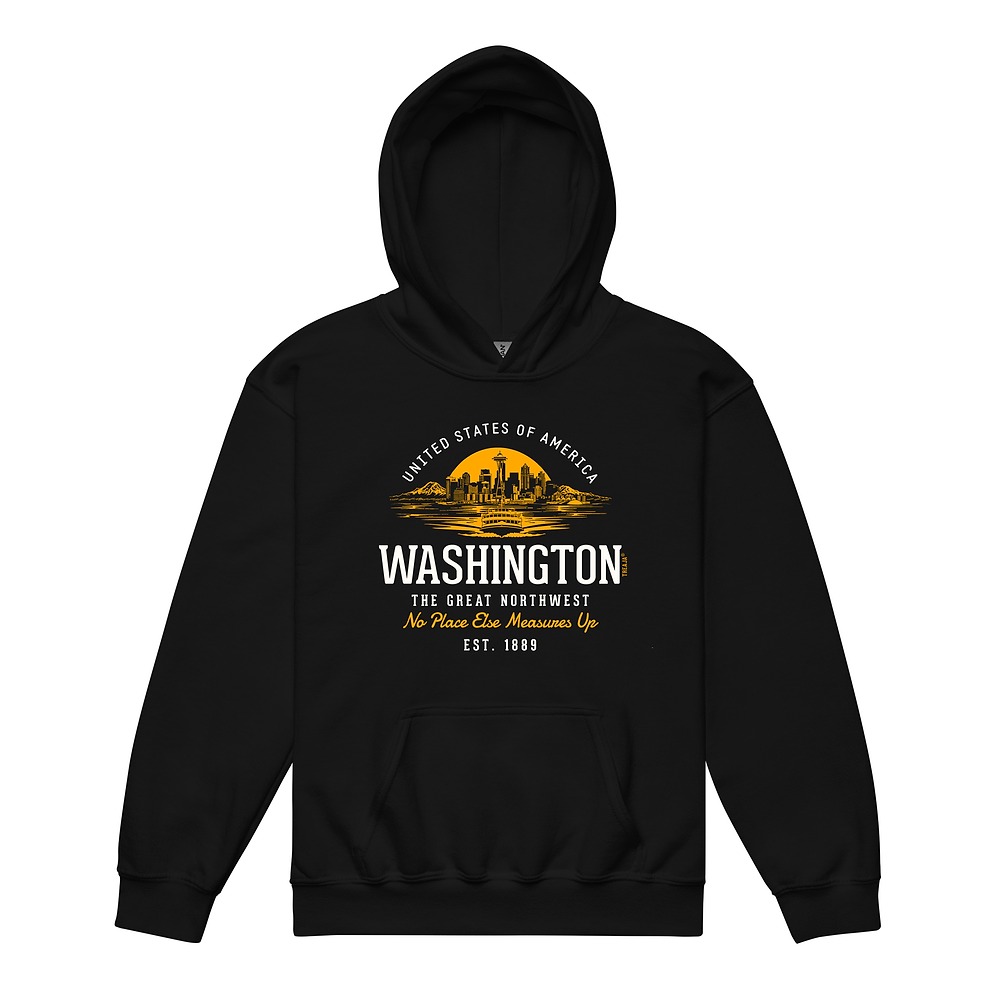 Youth hoodie featuring vintage-inspired Washington State design with retro Pacific Northwest artwork