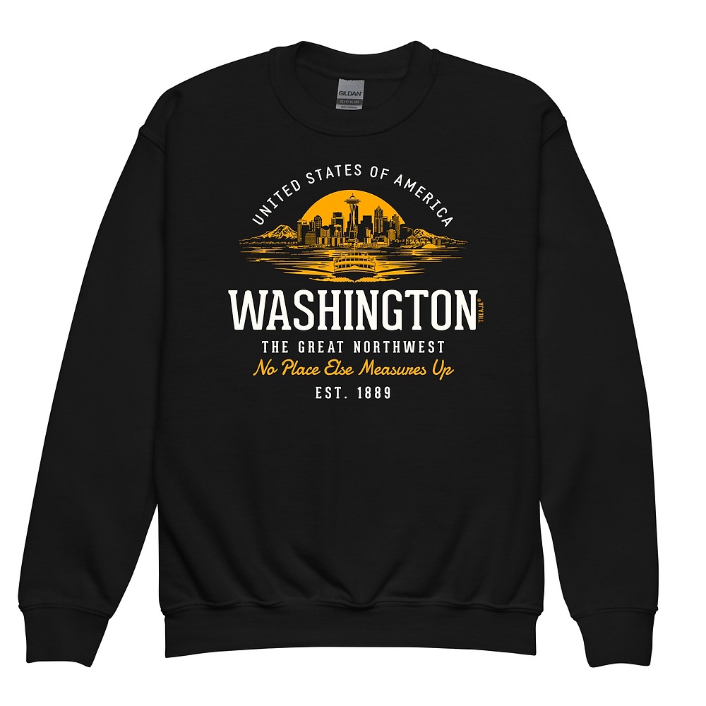 Youth crewneck sweatshirt displaying vintage-style Washington state graphic design in retro colors