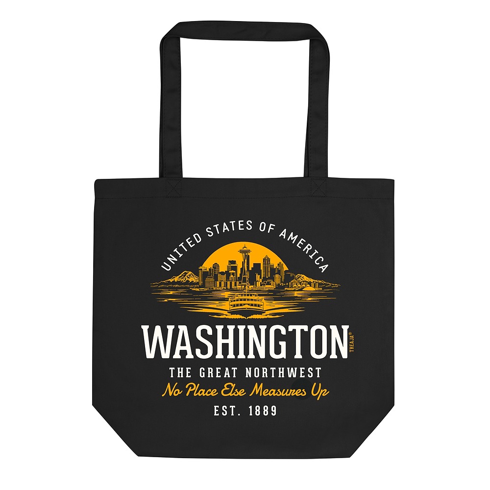 Organic cotton tote bag featuring retro Washington State design with vintage-inspired typography and Pacific Northwest imagery