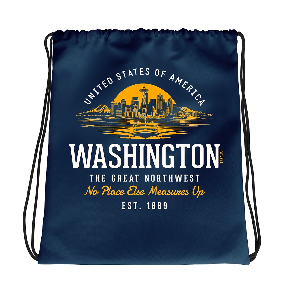 Retro Washington State drawstring backpack with vintage-inspired design featuring Pacific Northwest themed artwork