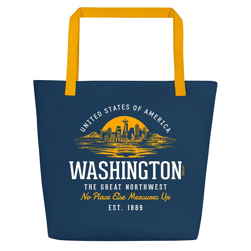 Large polyester beach tote featuring vintage-style Washington State design with retro typography and Pacific Northwest imagery