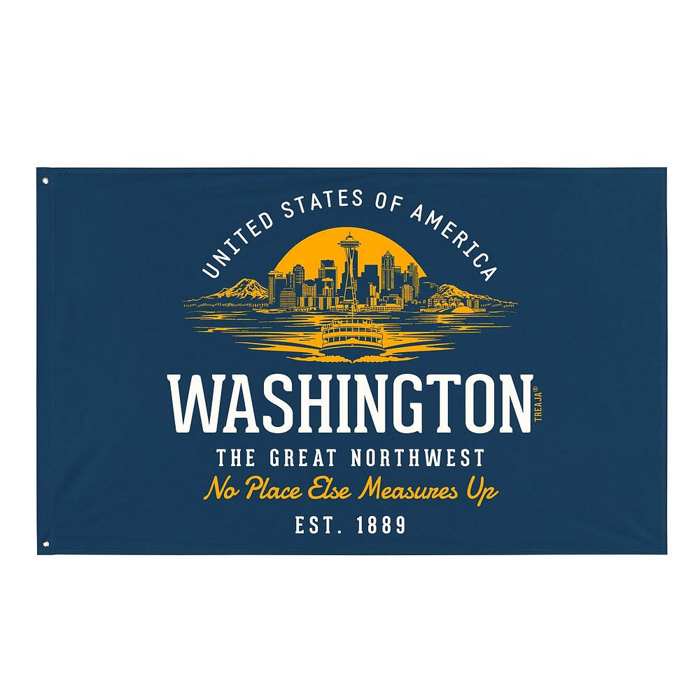 Retro-style Washington State wall flag with vintage typography and weathered colors displaying Pacific Northwest design