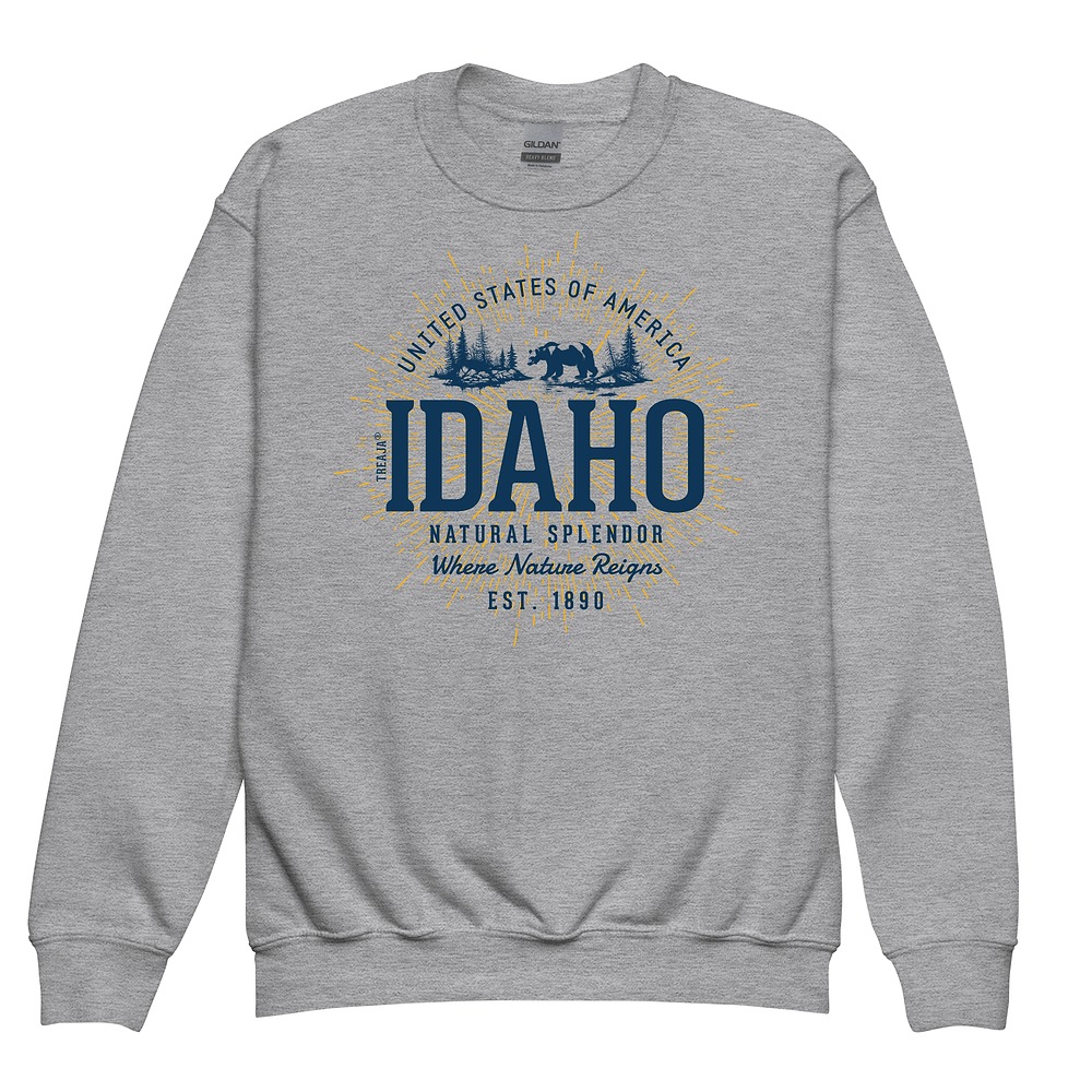 Youth crewneck sweatshirt featuring vintage-inspired Idaho state design in retro styling with ribbed cuffs