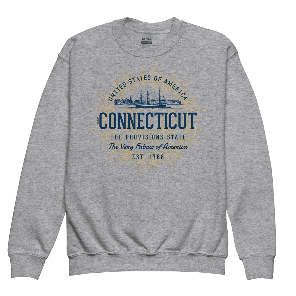 Connecticut state outline design on youth crewneck sweatshirt with retro vintage styling and ribbed cuffs