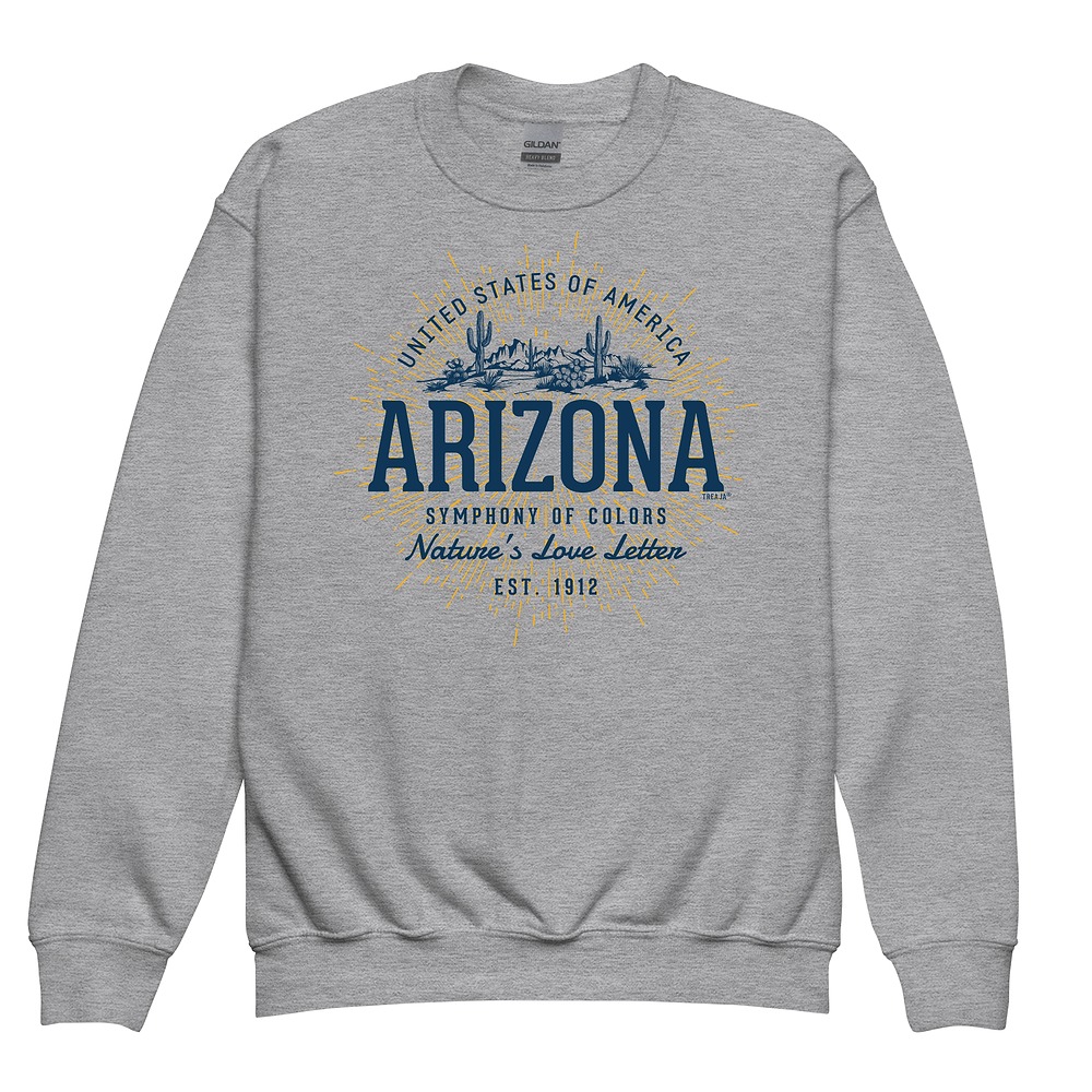 Youth crewneck sweatshirt displaying retro Arizona desert landscape design with vintage color palette