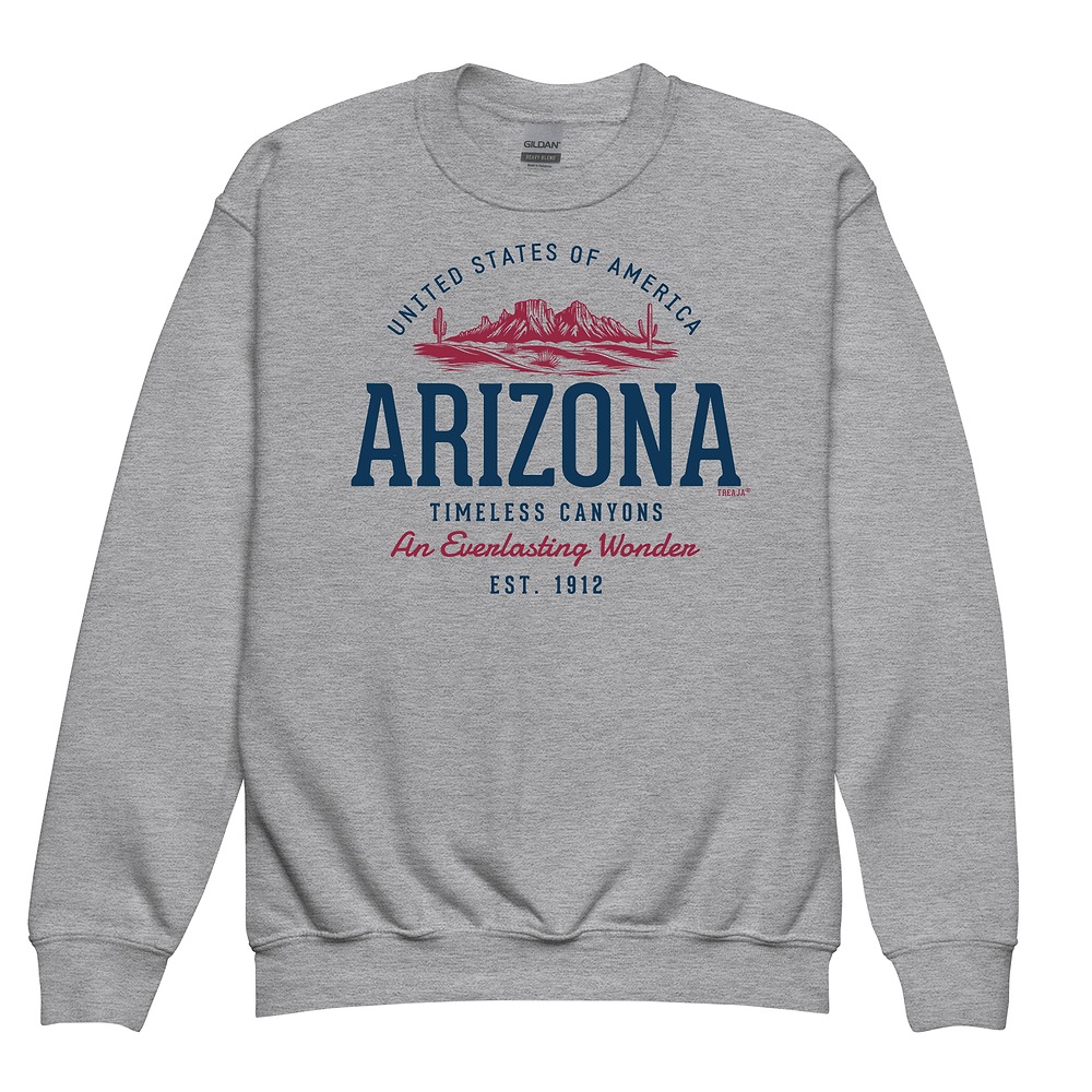 Youth crewneck sweatshirt displaying vintage-style Arizona State retro graphic design in warm desert colors