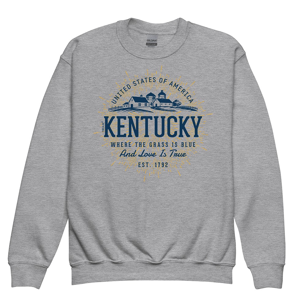 Youth crewneck sweatshirt displaying vintage-style Kentucky state design with retro lettering and classic styling