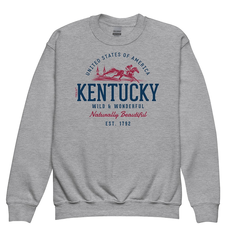 Youth crewneck sweatshirt displaying vintage-inspired Kentucky state artwork in retro color scheme