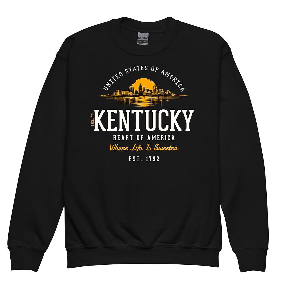 Retro Kentucky state design on soft fleece youth crewneck sweatshirt with ribbed details