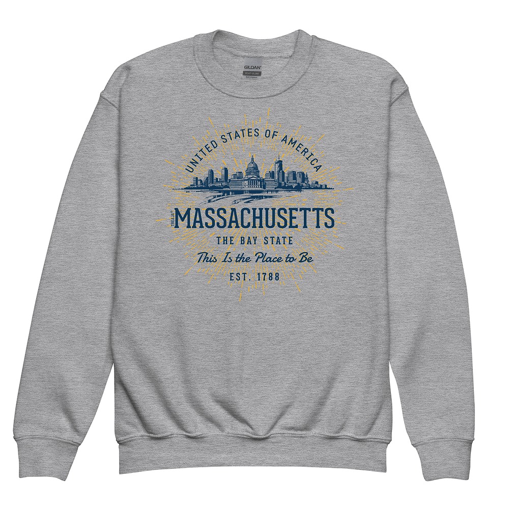 Youth crewneck sweatshirt featuring vintage-inspired Massachusetts state design in retro styling