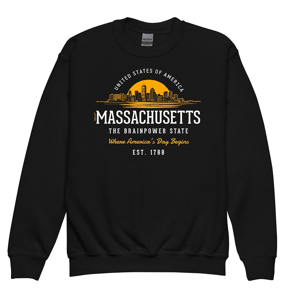 Youth crewneck sweatshirt with vintage retro Massachusetts state design in classic styling