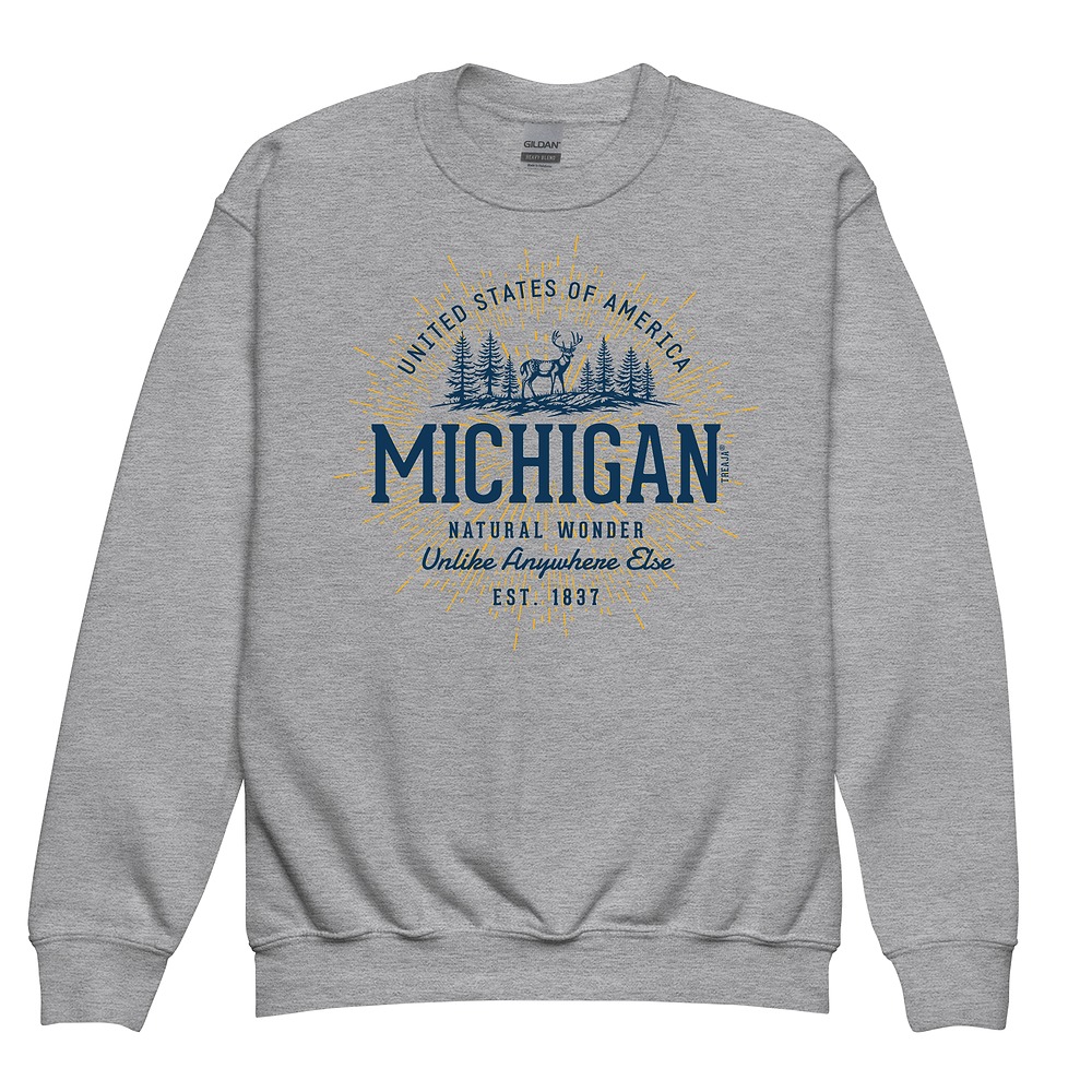 Youth crewneck sweatshirt displaying vintage-inspired Michigan state design with retro typography and classic styling