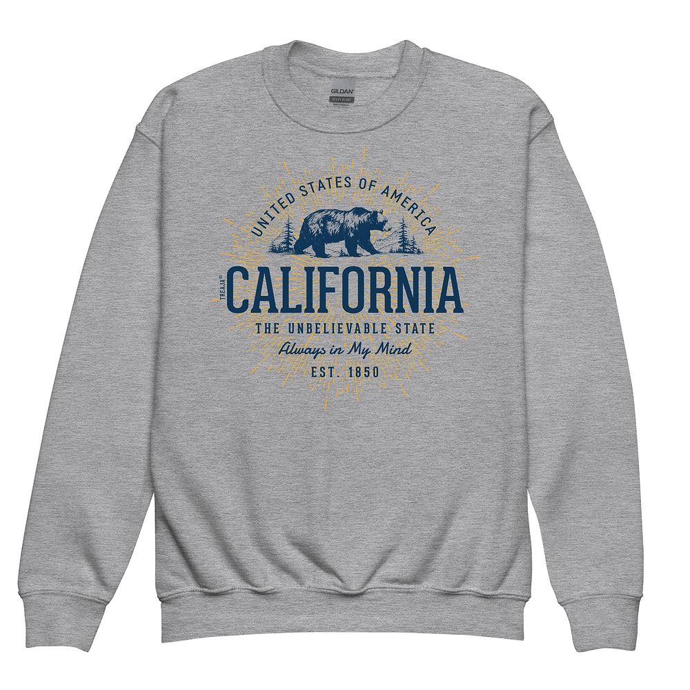 Youth crewneck sweatshirt displaying retro California design with vintage-style typography and Golden State graphics