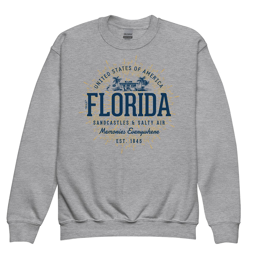 Youth crewneck sweatshirt featuring vintage-inspired Florida state design with retro styling and colorful graphics