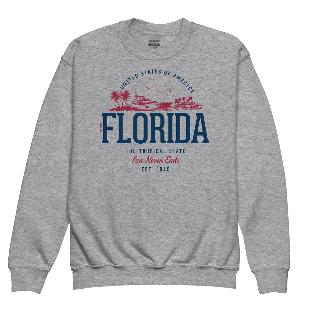 Youth crewneck sweatshirt displaying retro Florida State design in classic styling with ribbed cuffs and hem