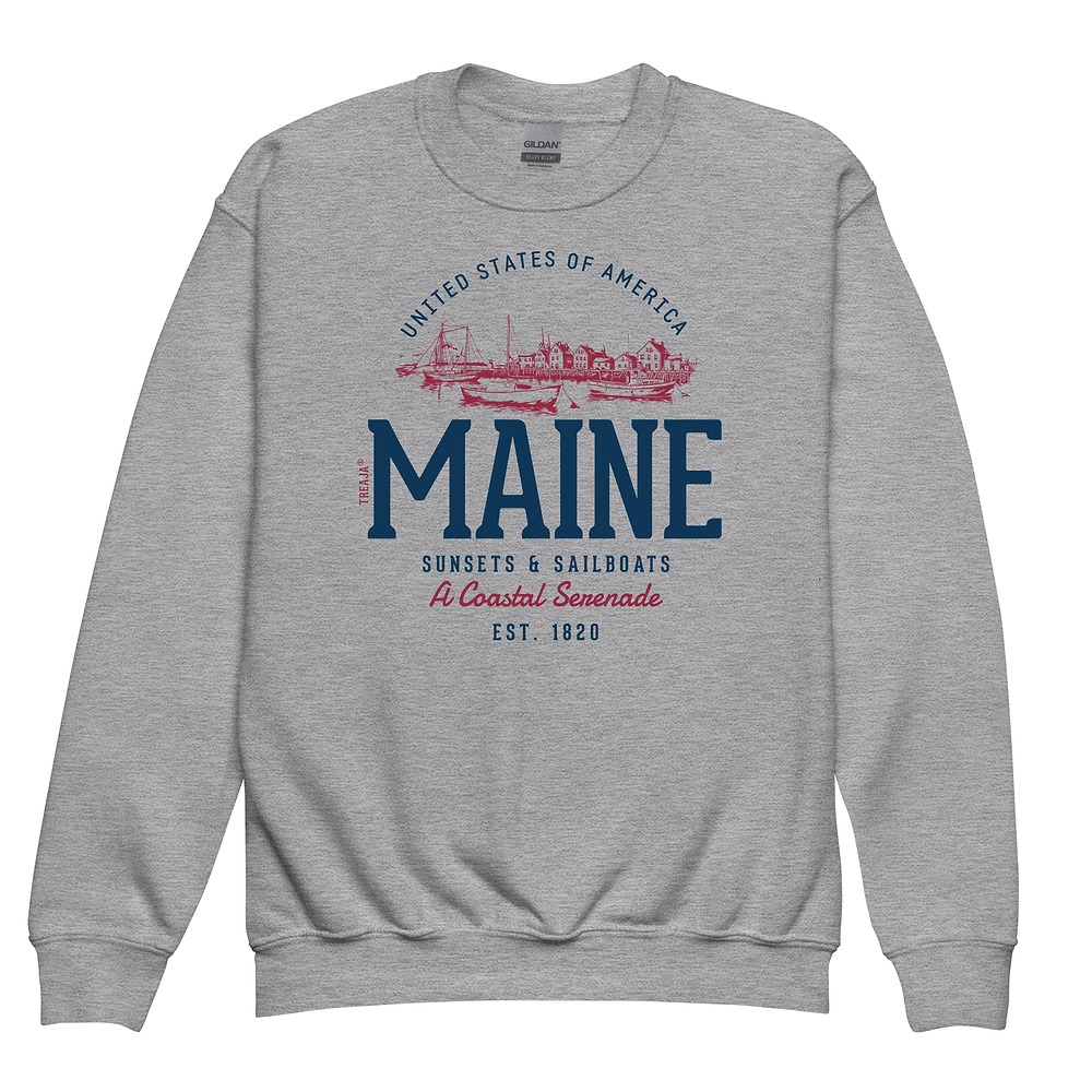 Retro Maine State design on navy crewneck sweatshirt featuring vintage-inspired Pine Tree State graphics