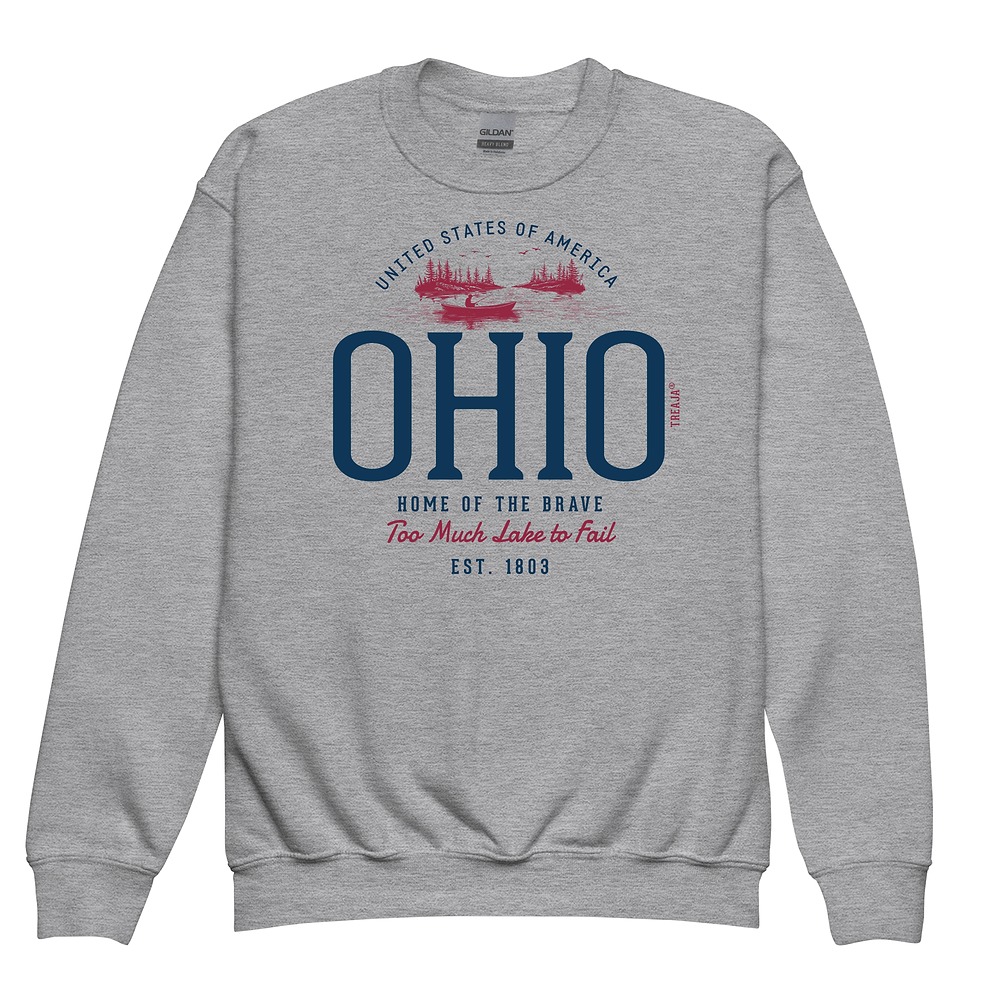 Youth crewneck sweatshirt featuring vintage-style Ohio State graphic design in retro colors