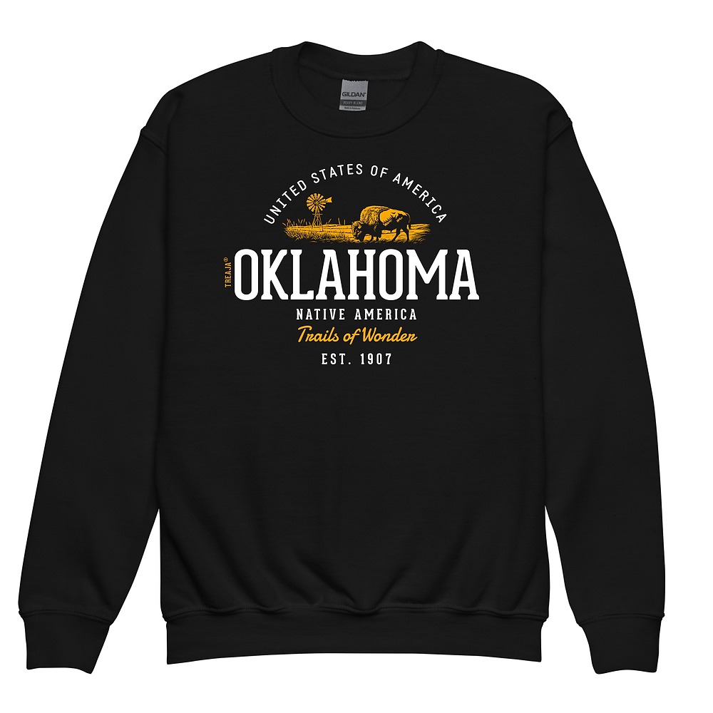 Soft fleece crewneck sweatshirt featuring vintage-inspired Oklahoma state design in retro styling for children