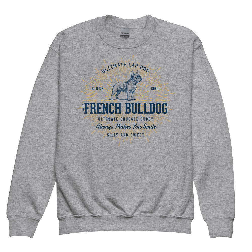 Youth crewneck sweatshirt displaying retro French Bulldog artwork with vintage-inspired styling and ribbed cuffs