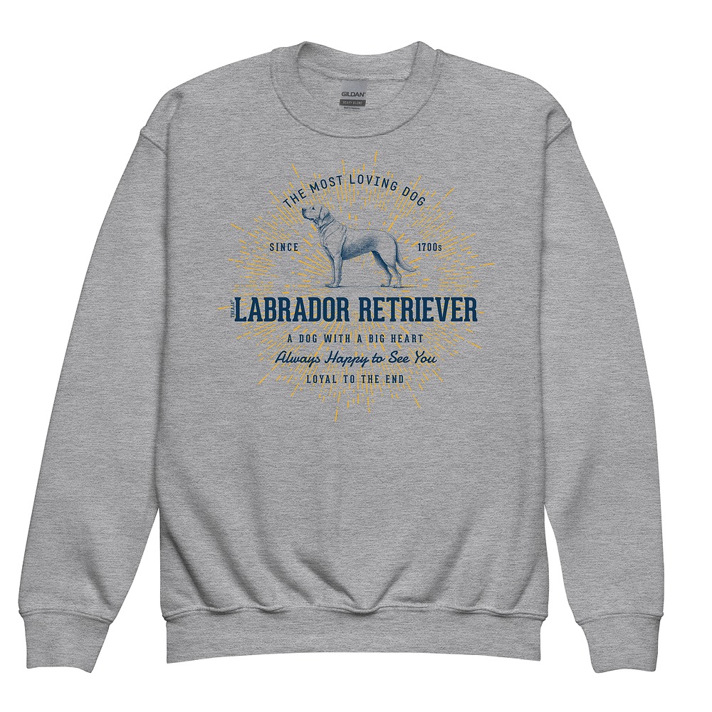 Youth crewneck sweatshirt displaying vintage-style Labrador Retriever artwork in retro color scheme