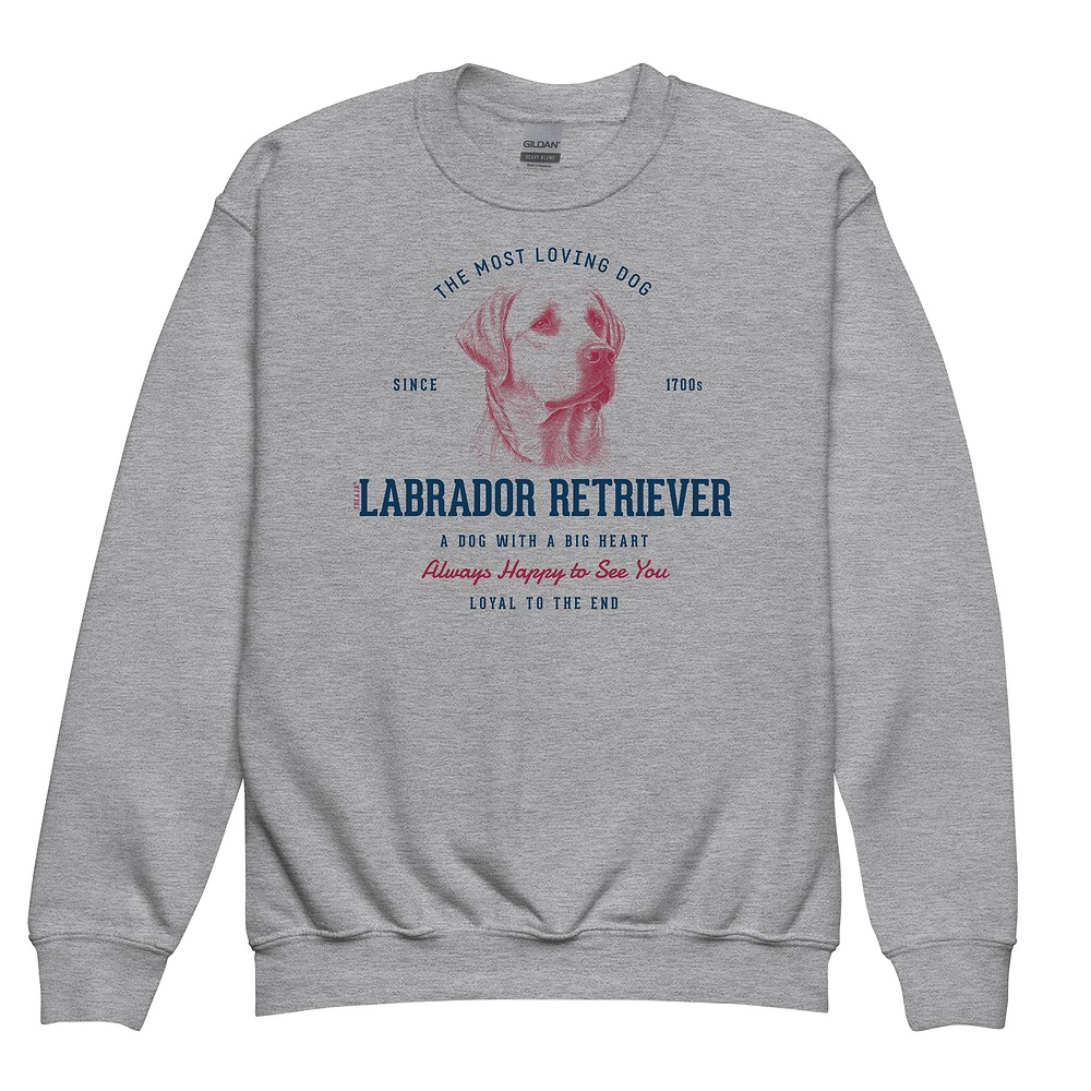 Youth crewneck sweatshirt featuring vintage-style Labrador Retriever dog illustration in retro design with ribbed cuffs