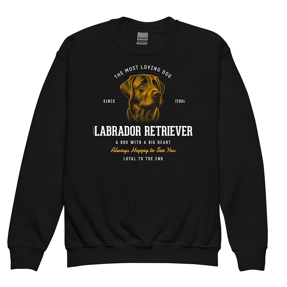 Youth crewneck sweatshirt featuring vintage-style Labrador Retriever dog artwork in retro design