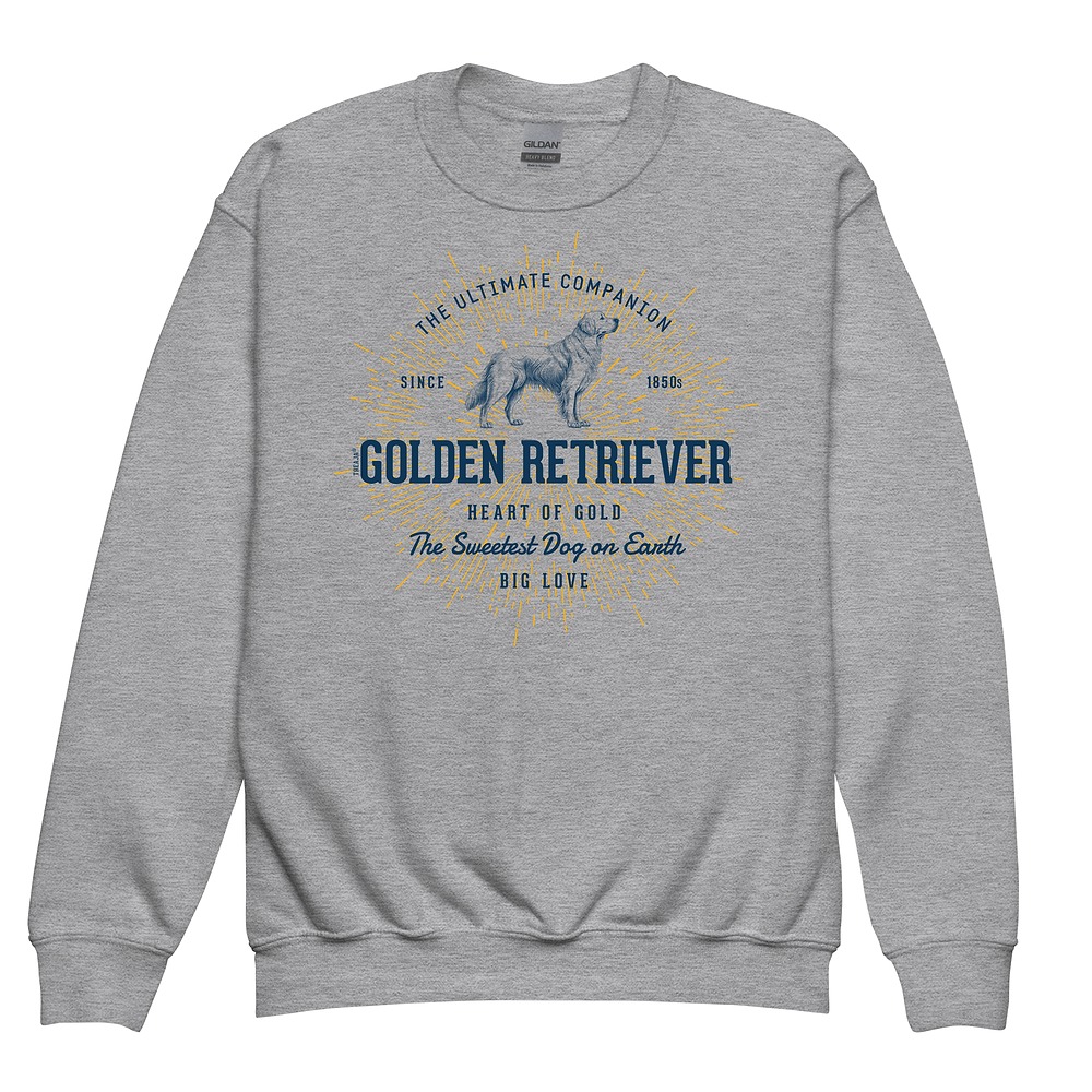 Youth crewneck sweatshirt displaying vintage-inspired Golden Retriever dog artwork in retro styling