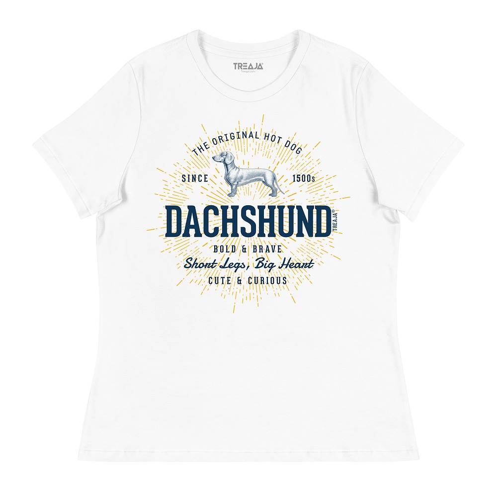 Women's relaxed fit t-shirt displaying vintage-style dachshund illustration in retro design aesthetic