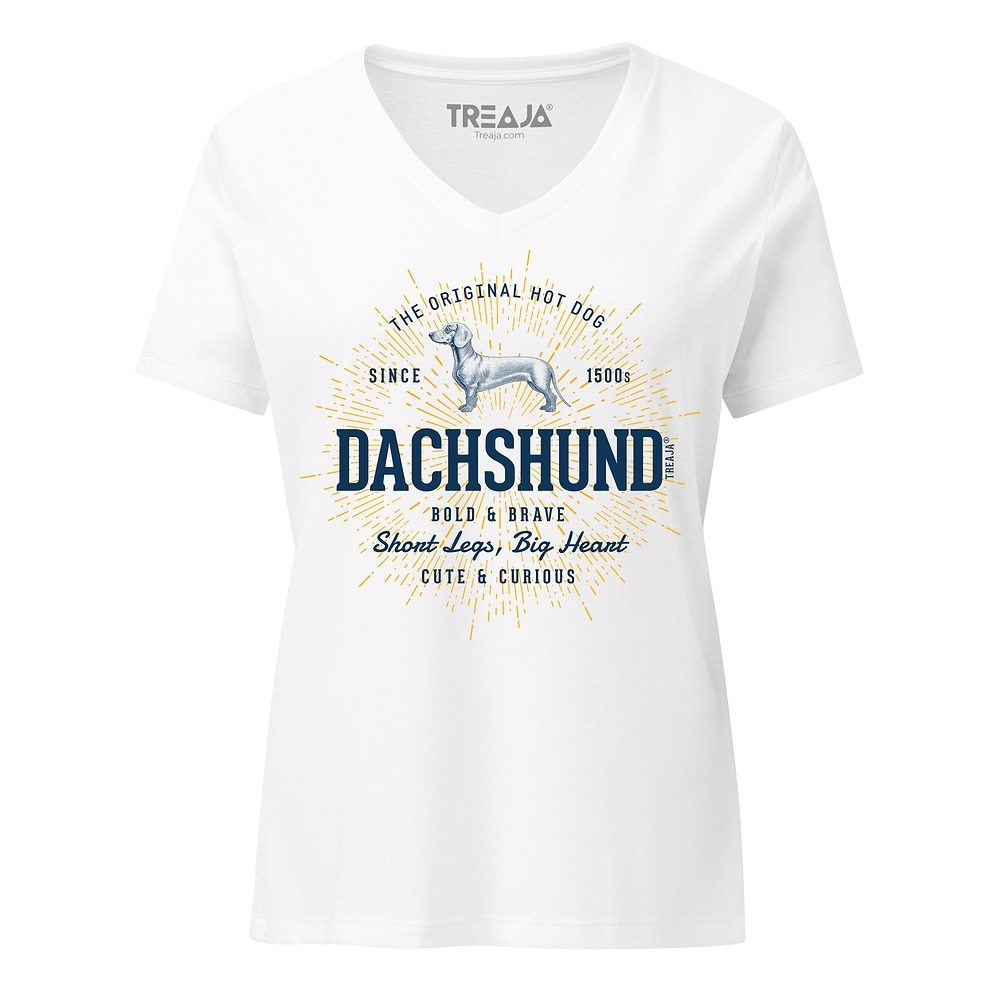 Women's v-neck t-shirt featuring retro dachshund wiener dog illustration in vintage-inspired design
