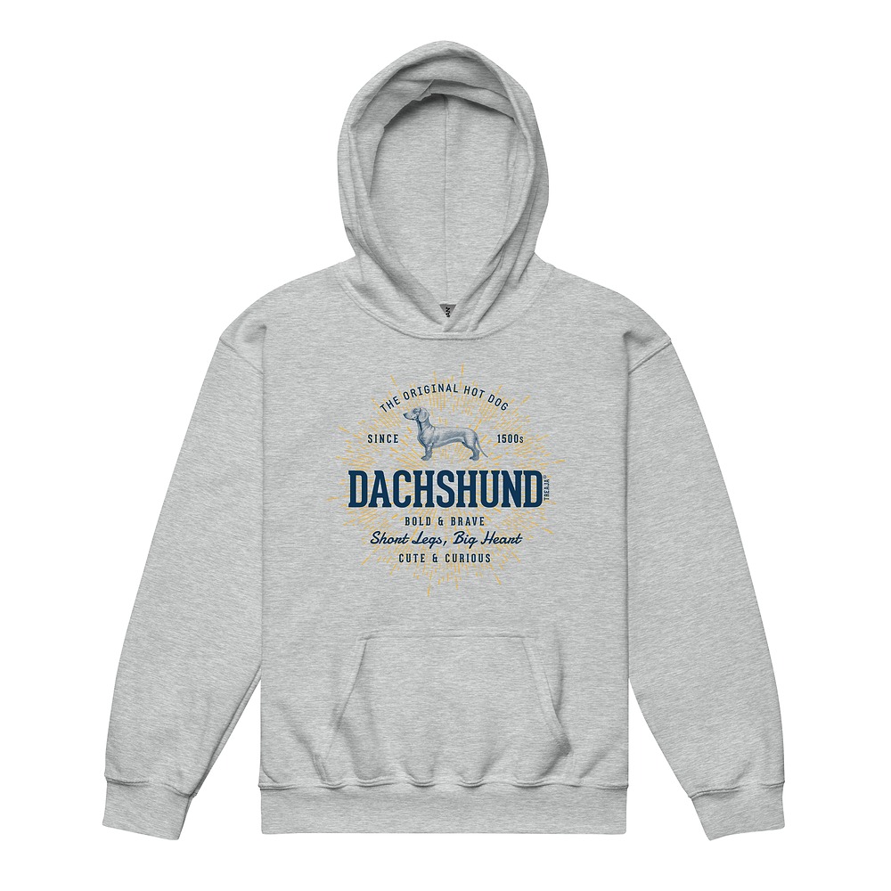 Youth pullover hoodie displaying vintage-inspired Dachshund wiener dog artwork in retro style design