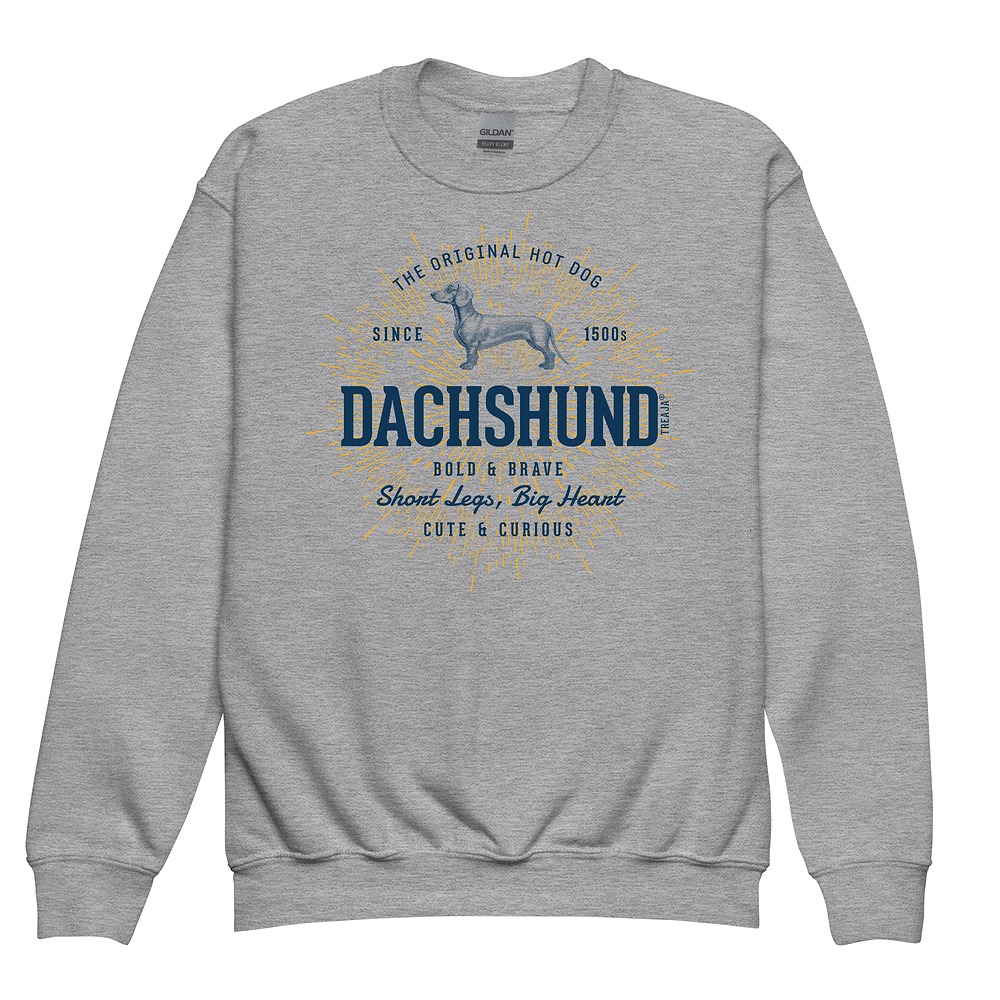 Youth crewneck sweatshirt displaying retro-style dachshund wiener dog artwork in vintage-inspired design