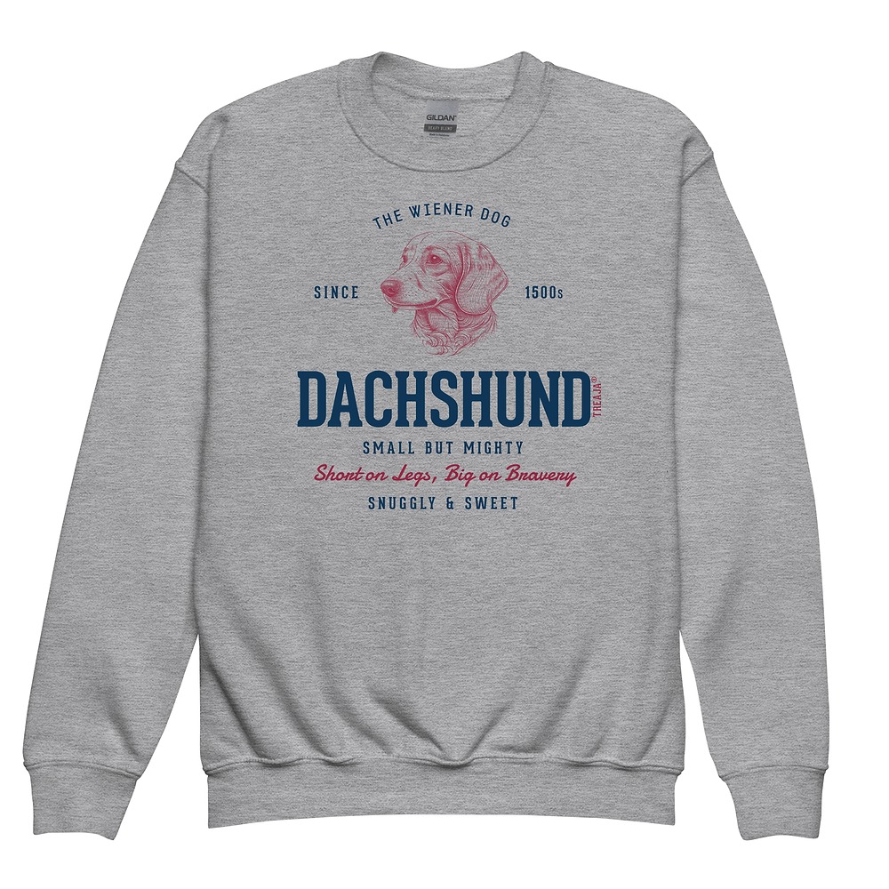 Youth crewneck sweatshirt displaying retro dachshund wiener dog illustration in vintage-inspired artistic style