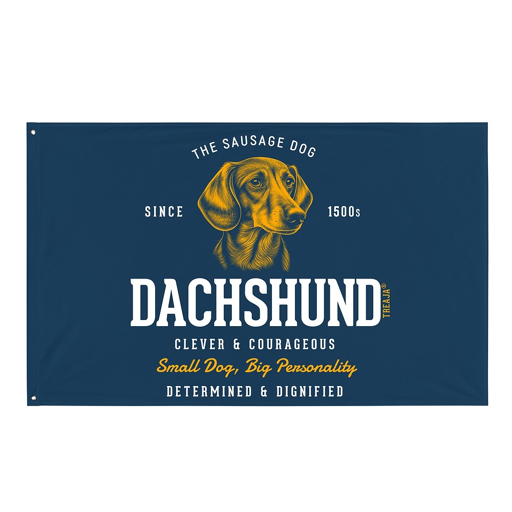 Decorative polyester flag featuring retro-style Dachshund wiener dog artwork with vibrant colors and hemmed edges