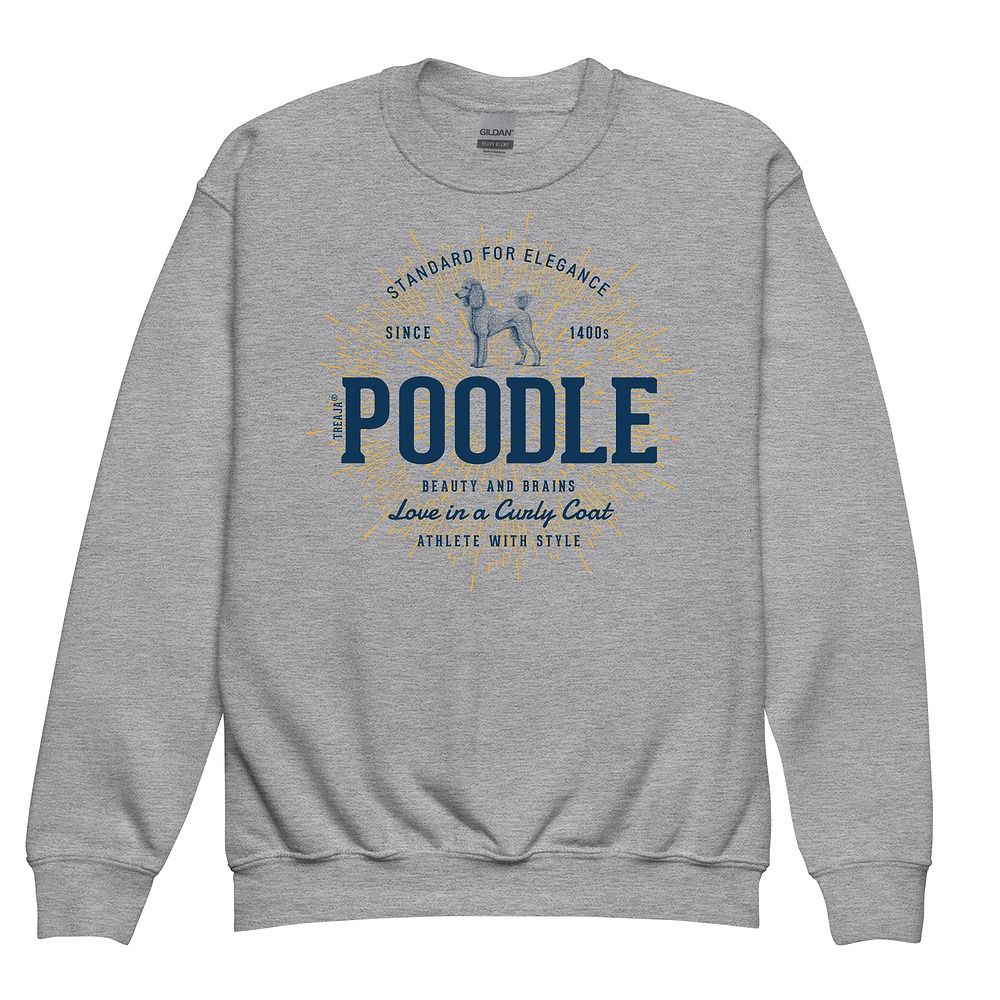 Youth crewneck sweatshirt displaying retro standard poodle artwork with vintage-inspired design elements