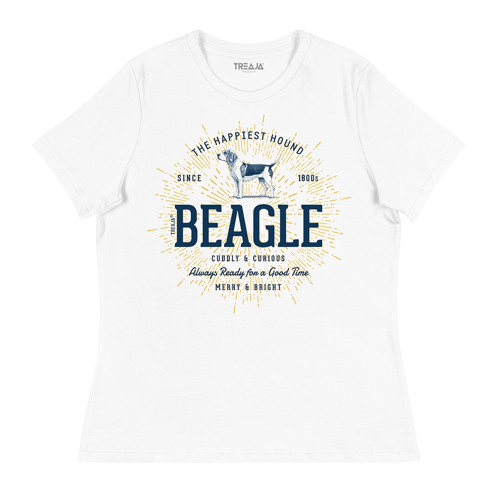 Women's relaxed fit t-shirt featuring retro-style Beagle dog illustration with vintage-inspired design elements