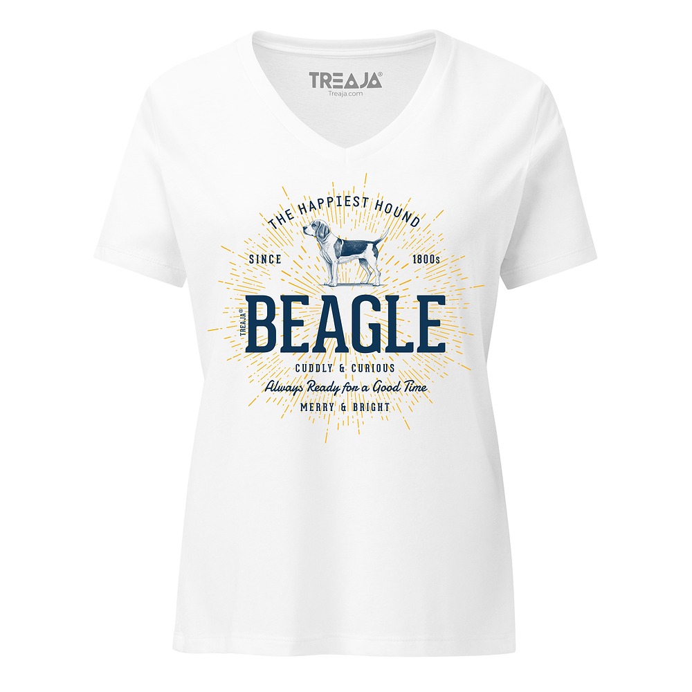 Women's fitted v-neck tee featuring vintage-inspired Beagle dog illustration in retro color palette
