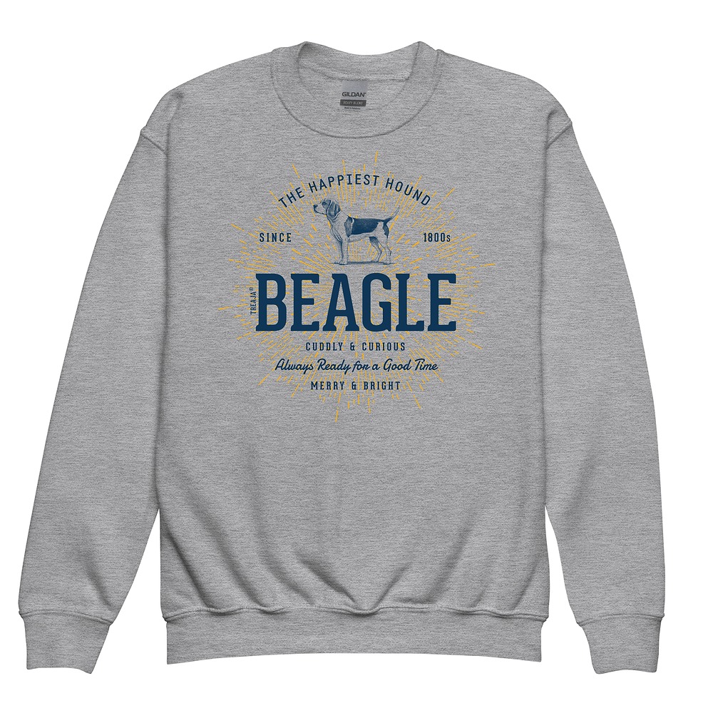 Youth crewneck sweatshirt featuring vintage-inspired Beagle dog artwork in retro style with ribbed cuffs and hem