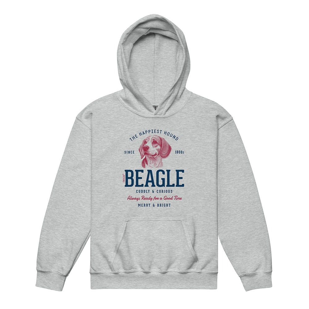 Youth hoodie displaying vintage-style Beagle dog illustration in retro design with warm earth tones
