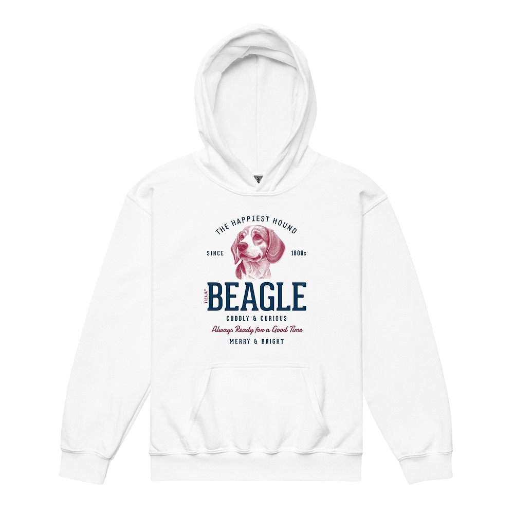 Youth hoodie displaying vintage-style Beagle dog illustration in retro design with warm earth tones