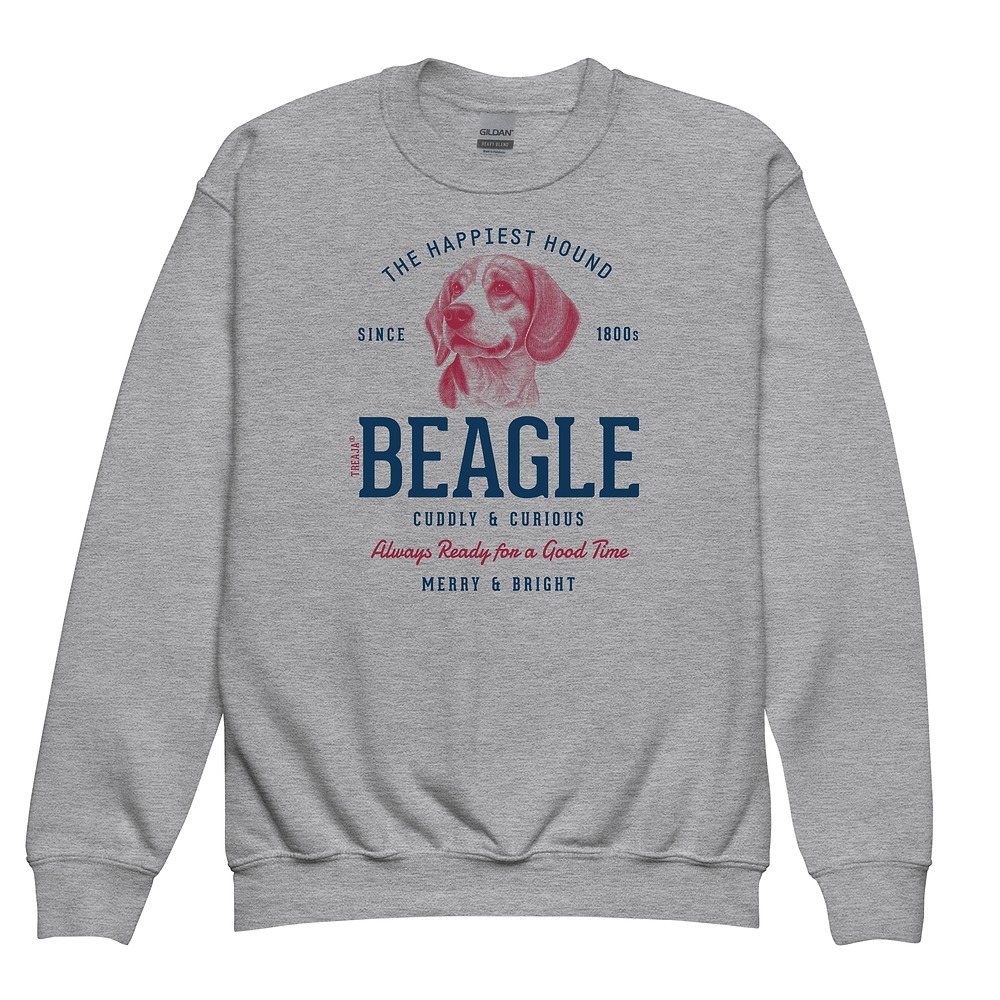 Youth crewneck sweatshirt displaying vintage-inspired Beagle dog illustration in retro artistic style