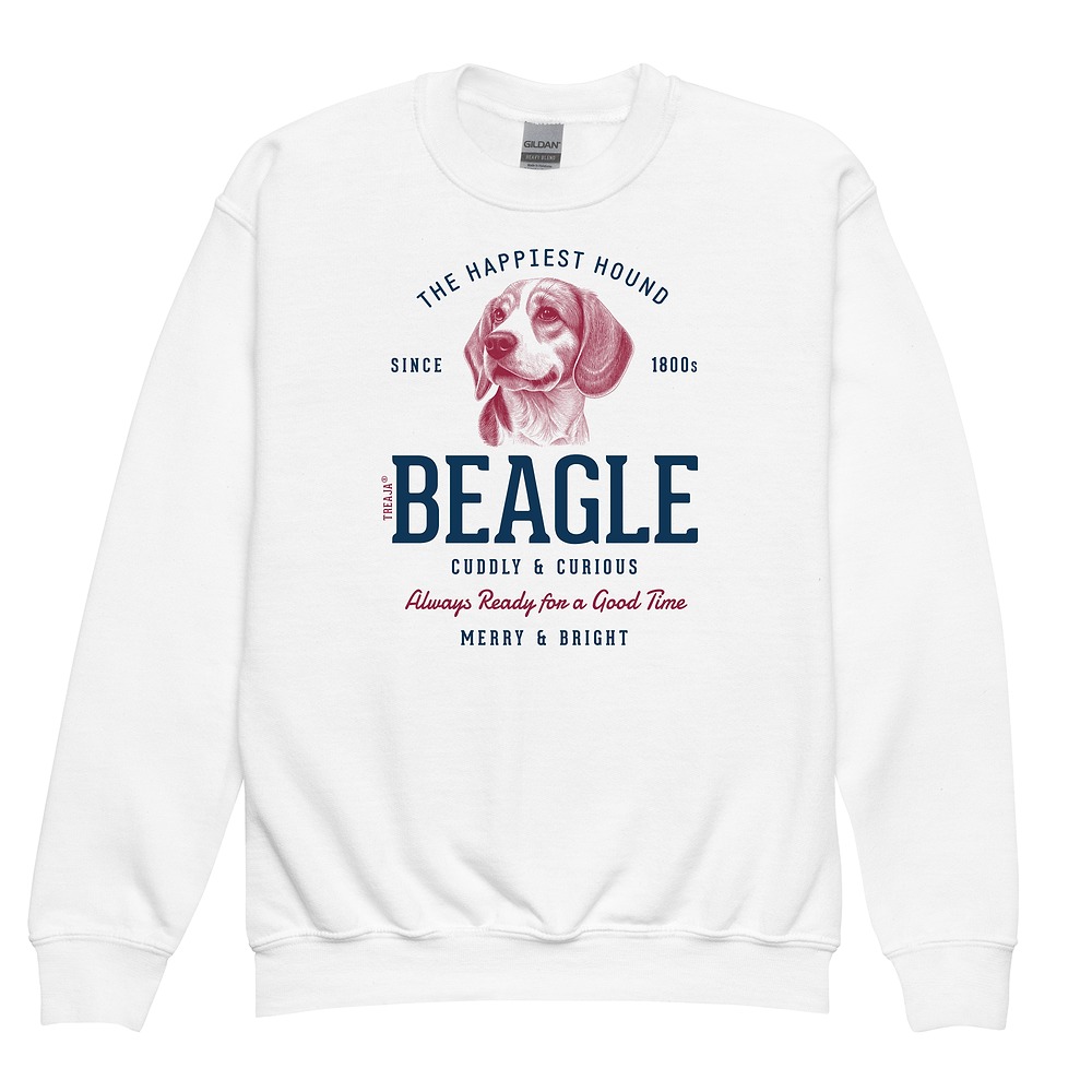 Youth crewneck sweatshirt displaying vintage-inspired Beagle dog illustration in retro artistic style