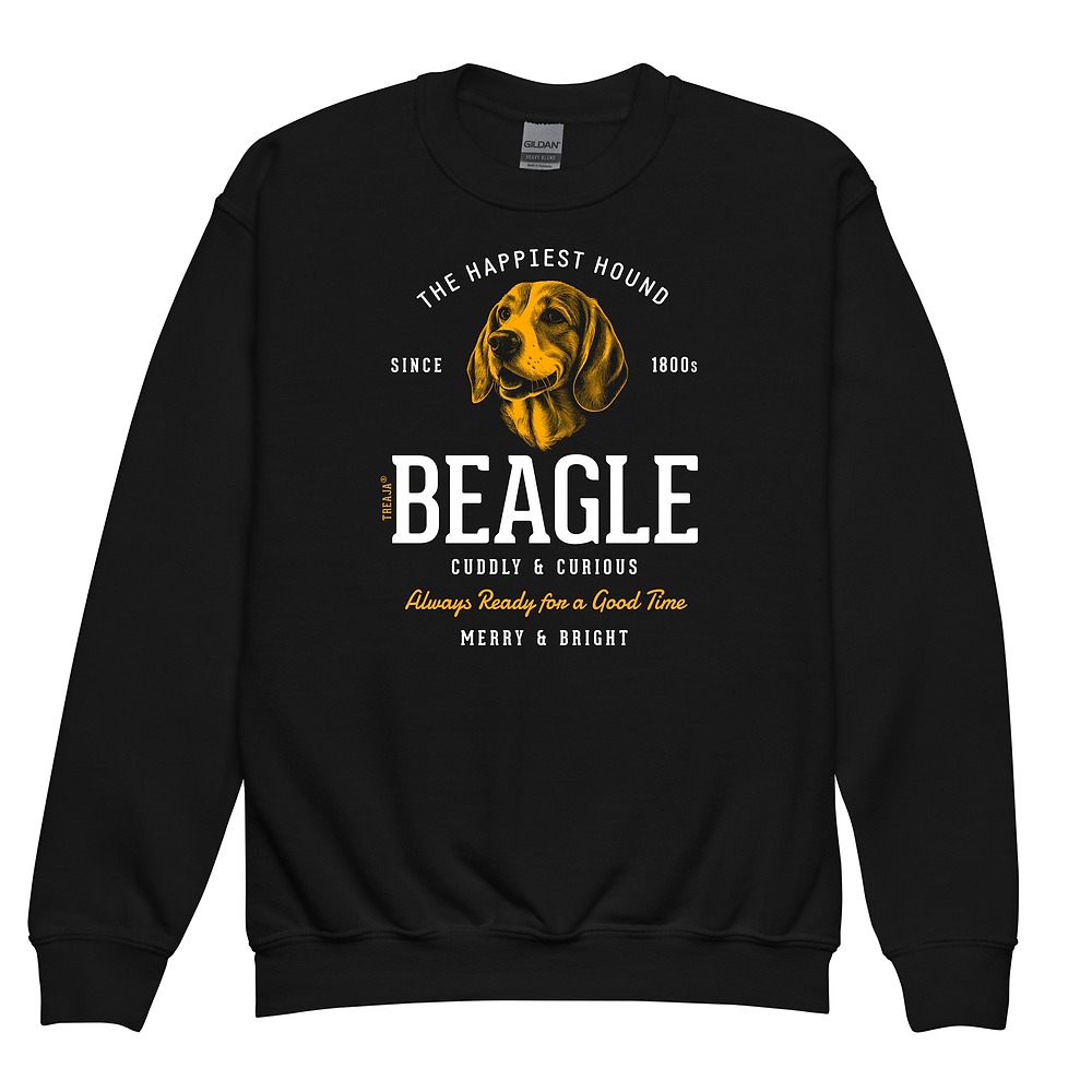 Youth crewneck sweatshirt displaying vintage-inspired Beagle dog illustration in retro artistic style