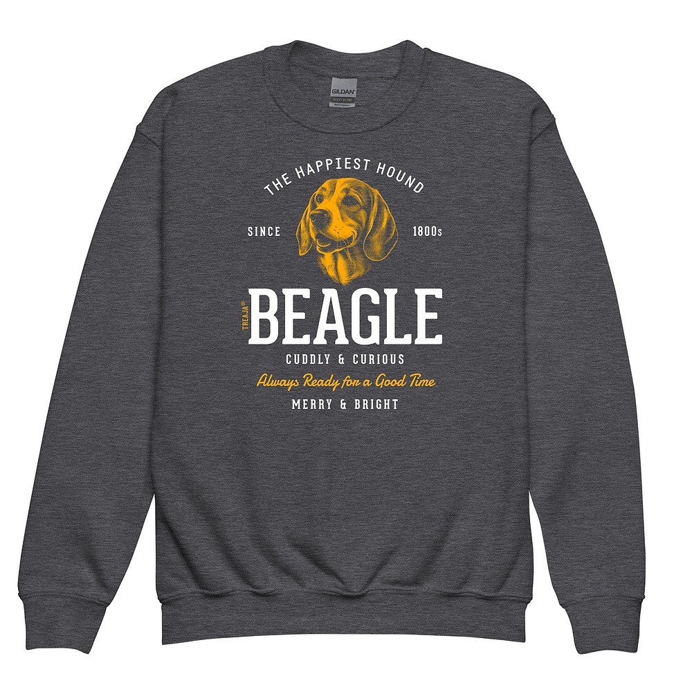 Youth crewneck sweatshirt displaying vintage-inspired Beagle dog illustration in retro artistic style