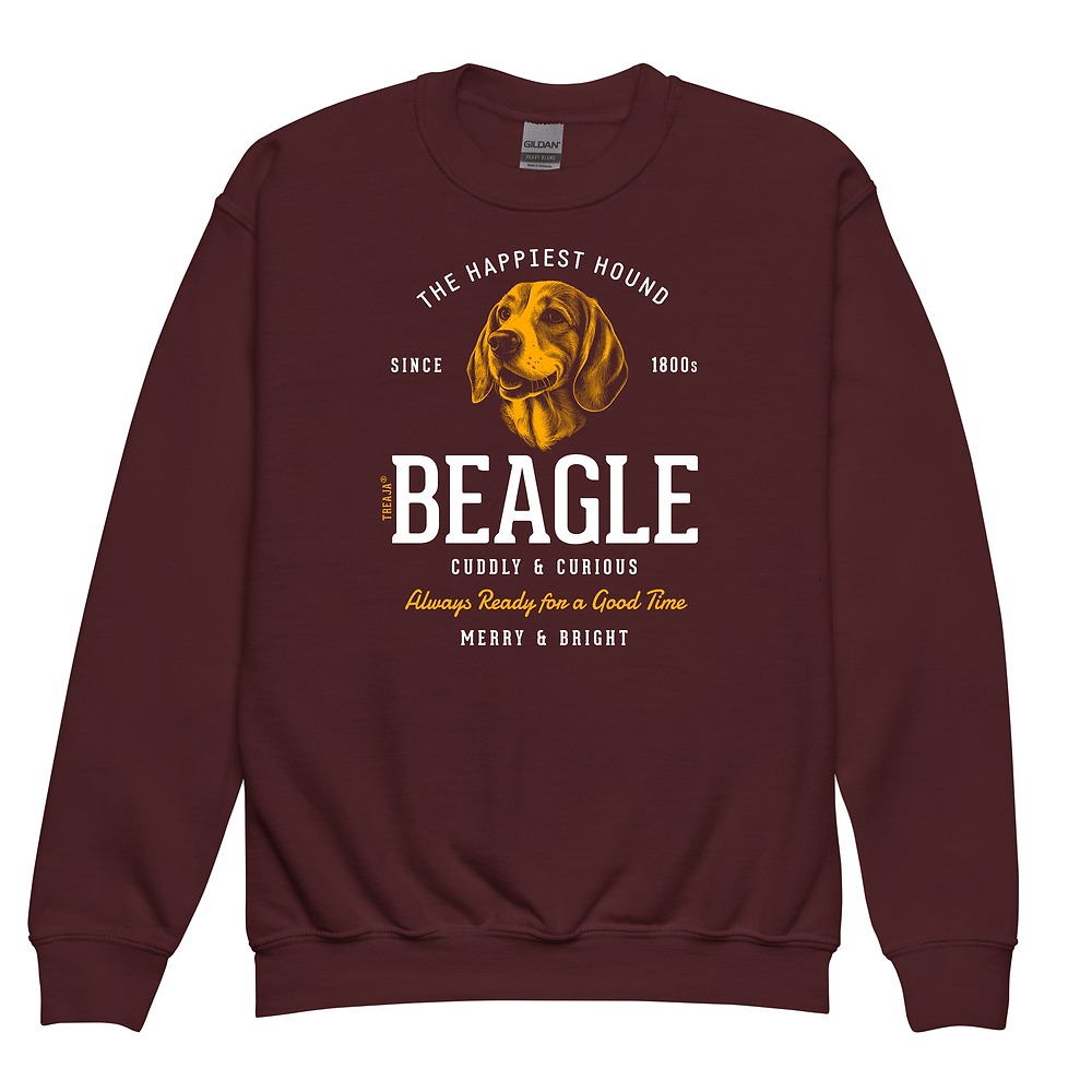 Youth crewneck sweatshirt displaying vintage-inspired Beagle dog illustration in retro artistic style