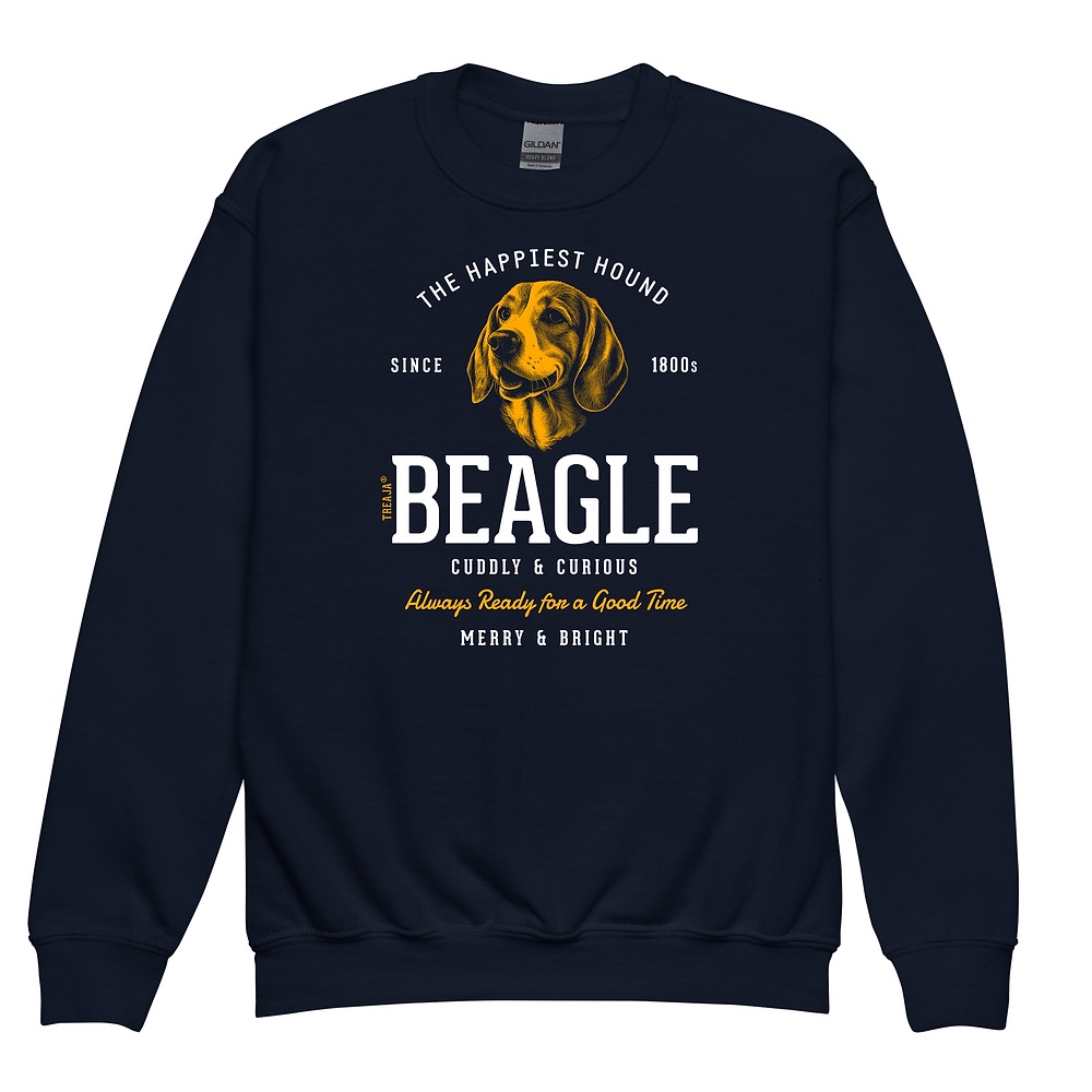 Youth crewneck sweatshirt displaying vintage-inspired Beagle dog illustration in retro artistic style