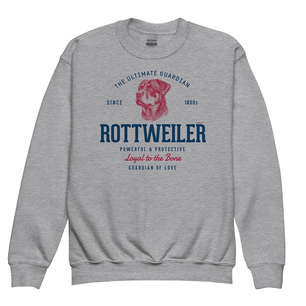 Youth crewneck sweatshirt displaying vintage-style Rottweiler dog artwork in retro design