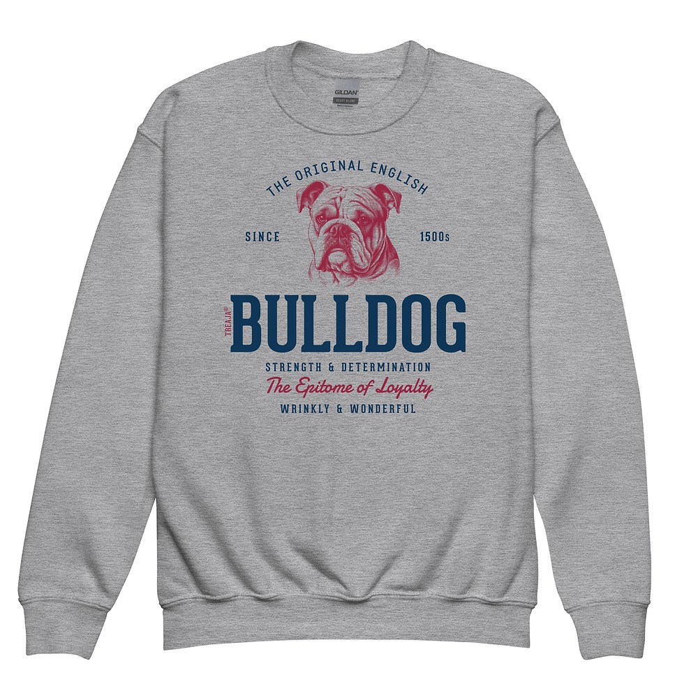 Youth crewneck sweatshirt featuring vintage-inspired English Bulldog illustration in retro design style