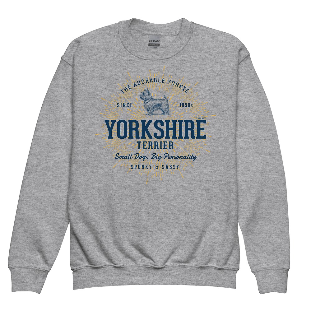 Youth crewneck sweatshirt featuring vintage-style Yorkshire Terrier dog artwork in retro design
