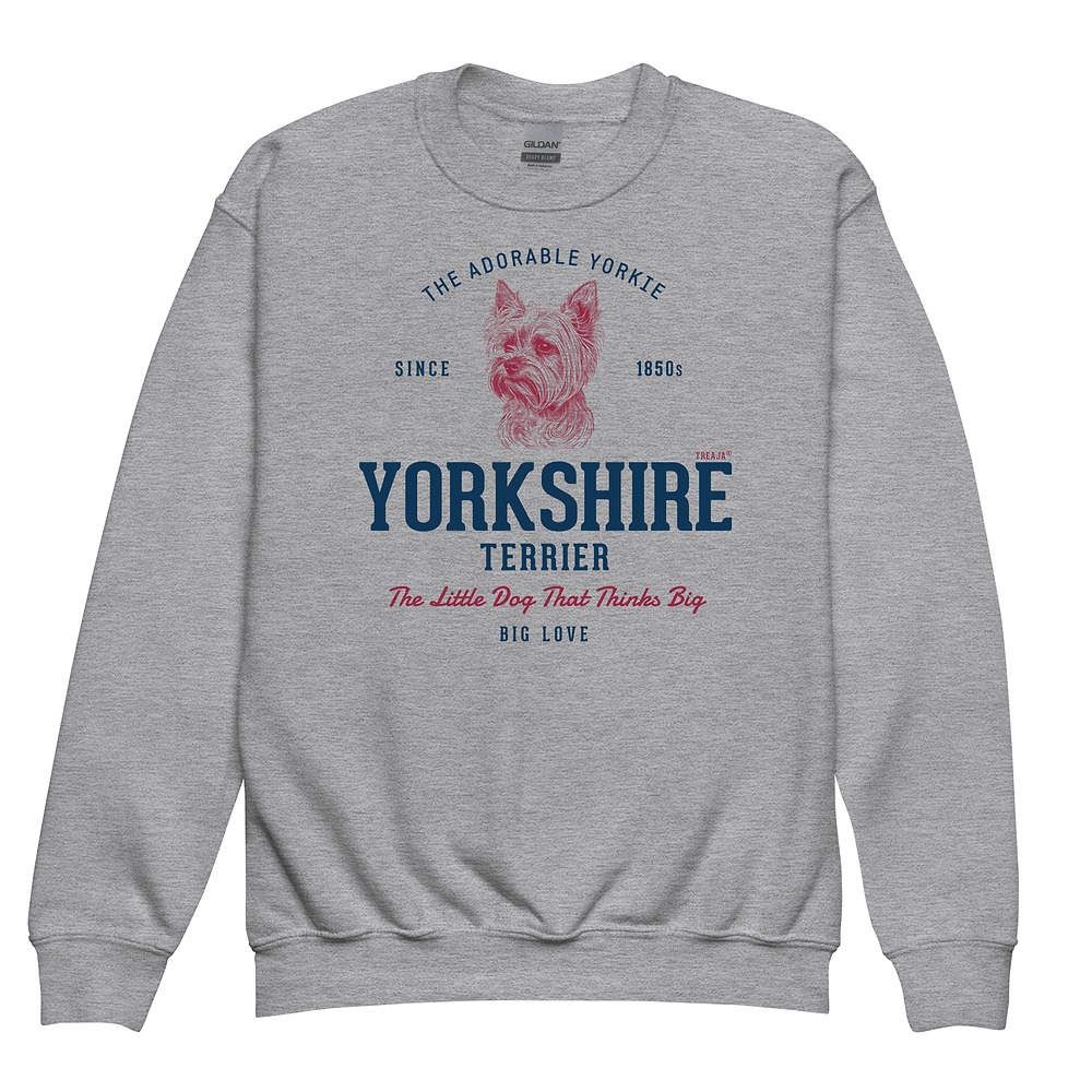Youth crewneck sweatshirt displaying vintage-style Yorkshire Terrier dog artwork in retro design with ribbed cuffs